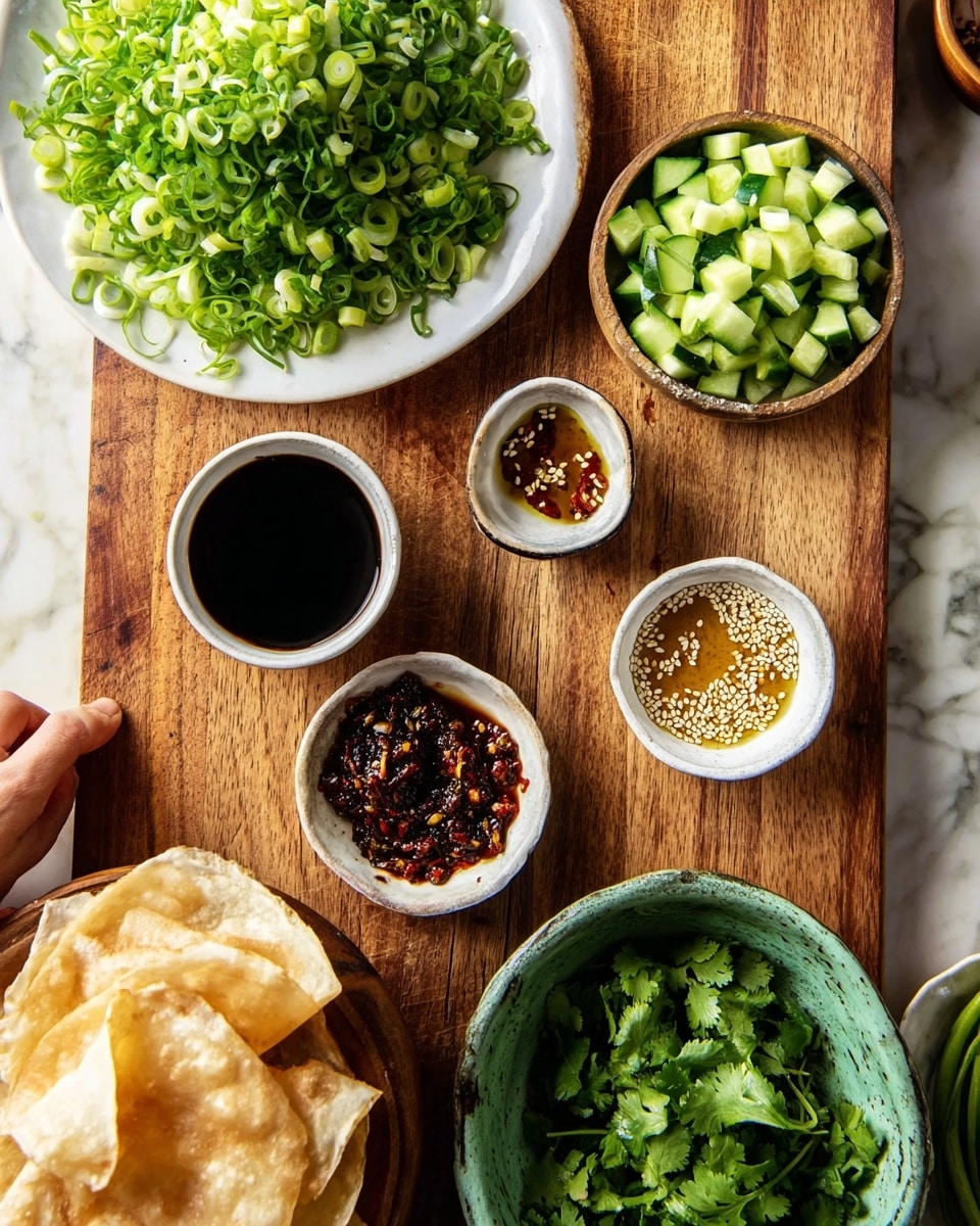 A wooden cutting board set on a white marbled surface features an array of small dishes and chopped fresh ingredients; on the top left is a white plate filled with a mound of sliced green onions with bright green curved texture, next to it on the right are small diced cucumber pieces weathered in light and dark green shades; in the center are three small white bowls—one contains a dark soy sauce, another holds a chili paste with red and brown colors and seeds, and the third contains a golden sauce sprinkled with white sesame seeds; a rustic green bowl filled with chopped leafy cilantro sits at the bottom right corner; on the left edge, there is a white bowl holding soft, golden brown folded flatbreads with a slightly crispy surface; a woman's hand is partially visible, holding the edge of the cutting board. photo taken with an iphone --ar 4:5 --v 7