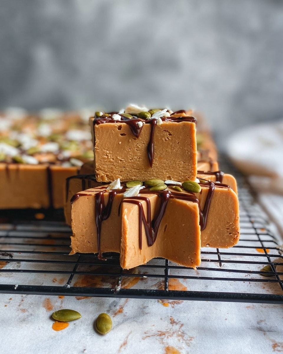 A thick square slice of light brown fudge with a smooth texture stands upright on top of a larger fudge slab shaped like a flower with five petals, also light brown and smooth. Both fudge pieces are topped with a thin drizzle of dark chocolate sauce that drips down the sides. Scattered on top are green pumpkin seeds and small white slivers, adding a crunchy texture. The fudge rests on a black wire rack over a white marbled surface, with a soft gray blurred background. photo taken with an iphone --ar 4:5 --v 7