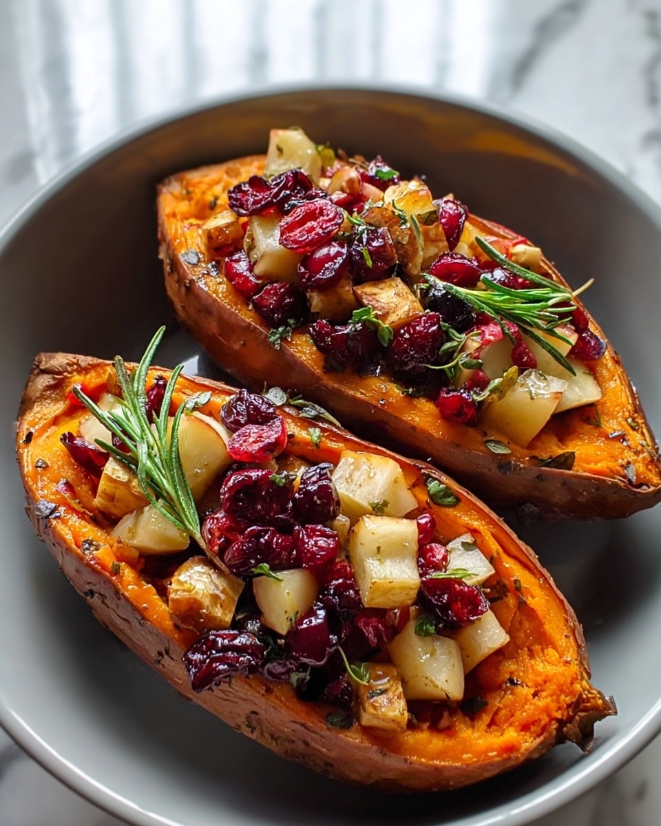 Two roasted sweet potato halves with soft, bright orange flesh, sitting on a white plate with a white marbled texture below. Each half is filled with a topping of small chunks of light brown apples, dark red dried cranberries, and garnished with small green herb leaves. The sweet potatoes have a slightly charred, crispy skin with visible marks. The dish is well-lit, showing the juicy and textured layers clearly. Photo taken with an iphone --ar 4:5 --v 7