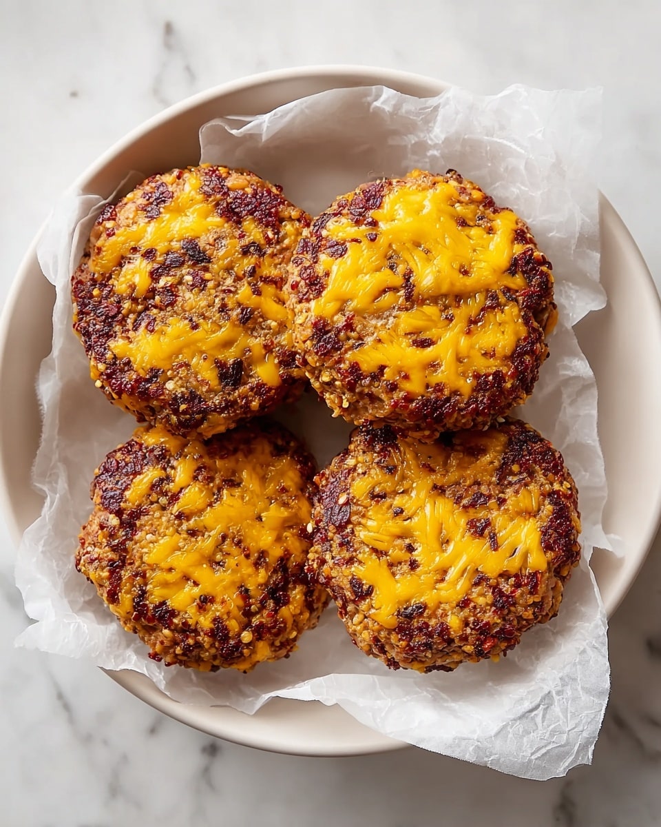 Four round patties are placed on a piece of white crinkled paper inside a white bowl. Each patty shows a mix of dark red and brown colors with melted yellow cheese spread unevenly on top, giving a slightly crispy look. The patties have a textured surface with visible grains and small bits, showing they are cooked and firm. The bowl sits on a white marbled surface. photo taken with an iphone --ar 4:5 --v 7