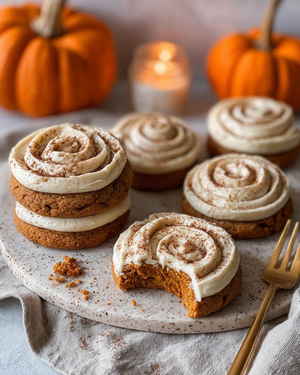 Five cookies sit on a round wooden board placed on a white marbled surface. Each cookie has a thick, golden-brown base layer topped with a white cream layer swirled in a circular pattern. The cream is dusted with brown spices. One cookie in the front has a bite taken out of it, showing a soft, crumbly orange-brown inside. In the background, there are two small white pumpkins, cinnamon sticks, glass jars with spices, a lit candle, and a gold fork resting beside the board on a beige cloth. Photo taken with an iphone --ar 4:5 --v 7