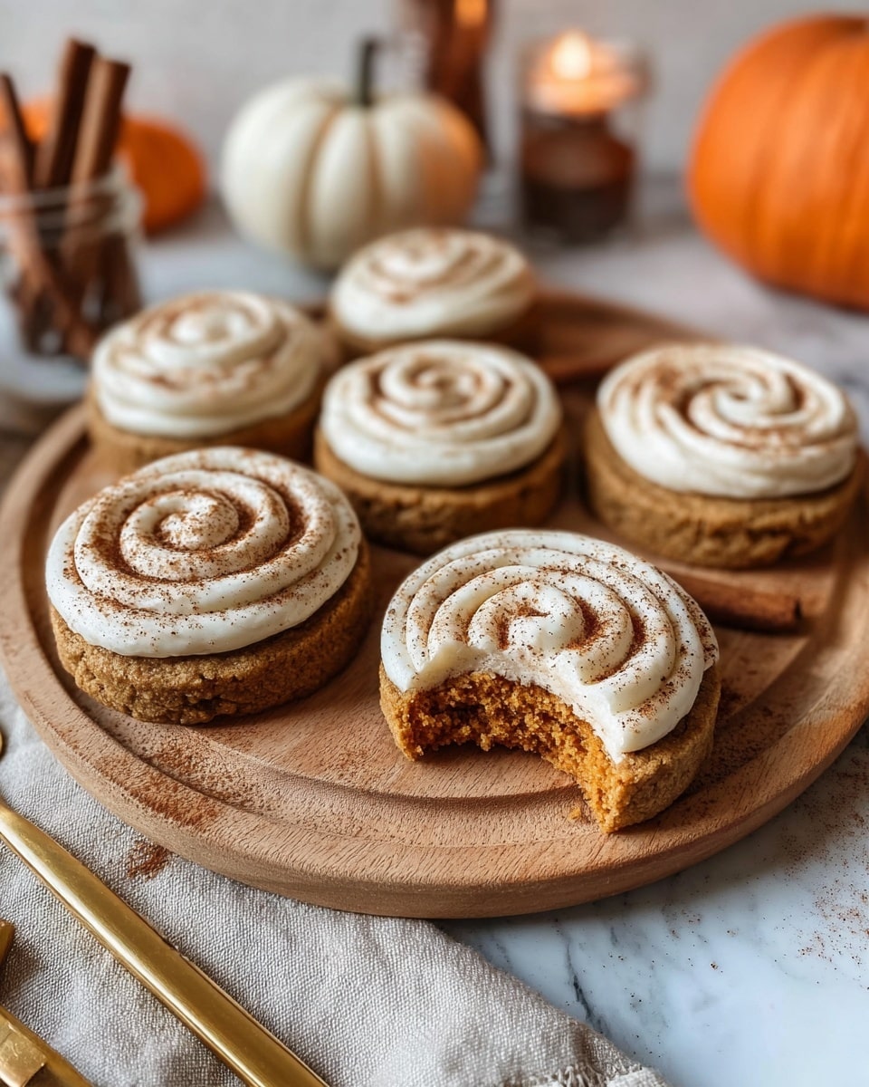 The image shows five round pumpkin cookies topped with thick swirls of cream-colored frosting sprinkled with brown spice powder, arranged on a speckled light-colored cutting board over a neutral linen cloth. Four cookies are single-layered with one showing a bite taken, revealing a soft orange-brown interior with crumb pieces on the board. One cookie is double-layered, stacked with a thick frosting layer between the two orange-brown cookie layers and topped with the same swirled frosting and spice. In the blurred background, there are two orange pumpkins and a small lit candle in a glass jar. A gold and wood fork rests on the right side next to the board, all set against a white marbled texture surface. photo taken with an iphone --ar 4:5 --v 7