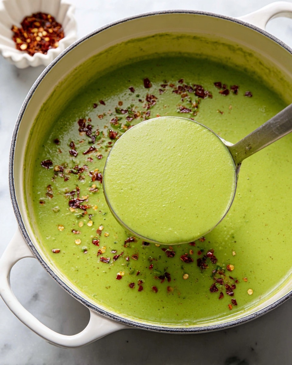 The image shows three white bowls filled with smooth, creamy green soup, each bowl topped with a drizzle of olive oil and sprinkled with crushed red pepper flakes and black pepper. One bowl in the center has a silver spoon resting inside it, partially mixing the soup, revealing a speck of green vegetable. At the top right corner, there is a small white scalloped dish filled with more crushed red pepper flakes. Some pieces of torn light bread are placed next to the small dish. The bowls and the dishes sit on a beige fringed cloth on a white marbled textured surface. The scene is bright and fresh. photo taken with an iphone --ar 4:5 --v 7