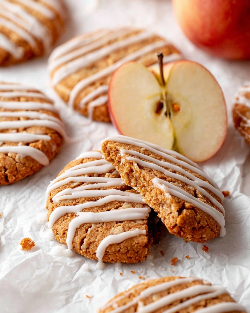 A close-up of several round, golden brown cookies with a crumbly texture, each cookie topped with thin white icing drizzled in parallel lines across the surface. In the center, a red apple sliced in half shows the pale cream inside and seeds, placed flat with the stem upright. One cookie in front is broken in half, with each half positioned leaning on the apple, showing the crunchy inside and icing on top. The cookies and apple rest on a crinkled white paper on a white marbled texture surface with a soft, natural light highlighting the details. photo taken with an iphone --ar 4:5 --v 7