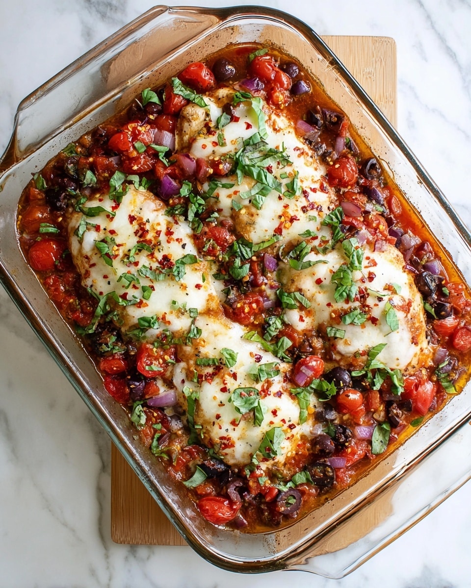 A white plate holds a dish with three main layers: the bottom layer is a mix of cooked red cherry tomatoes and chopped purple onions in a light sauce, the middle layer is a piece of cooked chicken breast with some seasoning, and the top layer is melted white cheese sprinkled with small green torn basil leaves and tiny red pepper flakes. The dish has a warm, soft look with a golden-brown cheese finish on part of the chicken, and the sauce slightly pools on the plate. A golden fork rests behind the food on the white marbled surface. Photo taken with an iphone --ar 4:5 --v 7