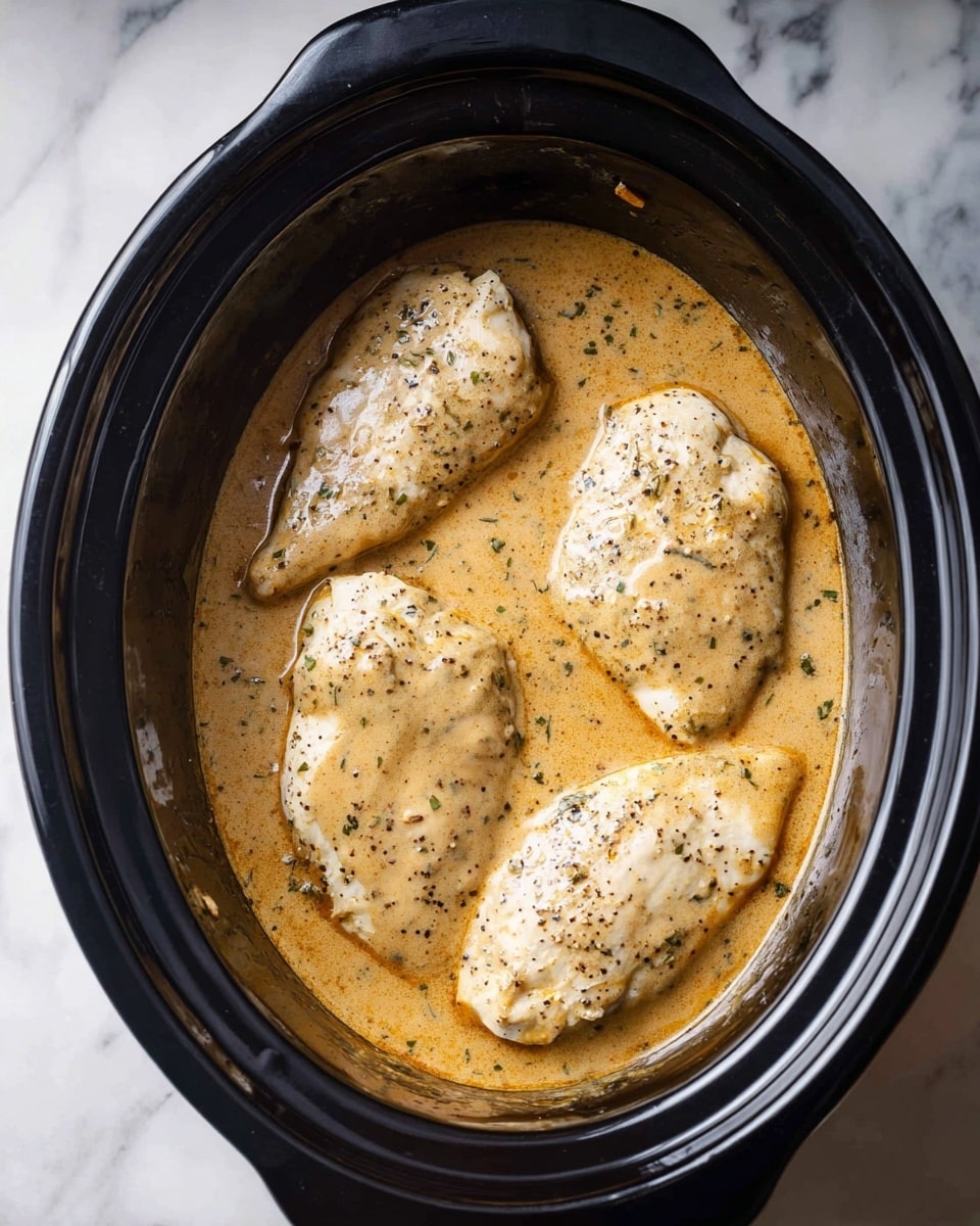 The image shows four chicken breasts cooking in a black slow cooker filled with a creamy light brown sauce. The sauce has a smooth, slightly thick texture with visible black pepper and herbs sprinkled throughout. The chicken breasts are partially submerged, showing their tender white surface topped with seasoning. The slow cooker’s black interior contrasts with the warm color of the sauce and chicken. The whole setup is placed on a white marbled textured surface. Photo taken with an iphone --ar 4:5 --v 7
