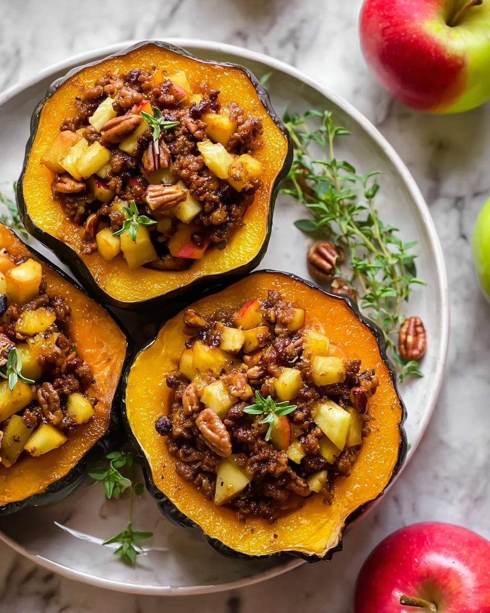 Two acorn squash halves are hollowed and filled with a layered stuffing, placed side by side on a white plate with a white marbled background. The first layer inside the squash is a smooth, bright orange cooked squash flesh. On top of that is a chunky mixture of browned ground meat, diced golden-yellow and light brown cooked apples or vegetables, and whole toasted pecans giving a rich brown color and textured look. Small green herb sprigs are scattered on top, adding fresh green accents. Whole red and green apples rest on the white marbled surface around the plate, enhancing the autumn feel. The photo taken with an iphone --ar 4:5 --v 7