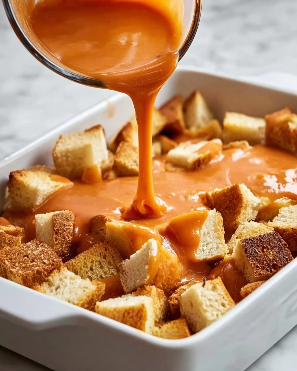 A white rectangular baking dish holds a layer of cubed toasted bread pieces that are golden brown with some darker brown edges, spread evenly across the dish. Over the bread cubes, a thick, smooth, orange sauce is being poured from a clear glass measuring cup, with the sauce flowing in a thick stream and spreading over the bread, partially covering it with a glossy texture. The background is a white marbled surface. photo taken with an iphone --ar 4:5 --v 7