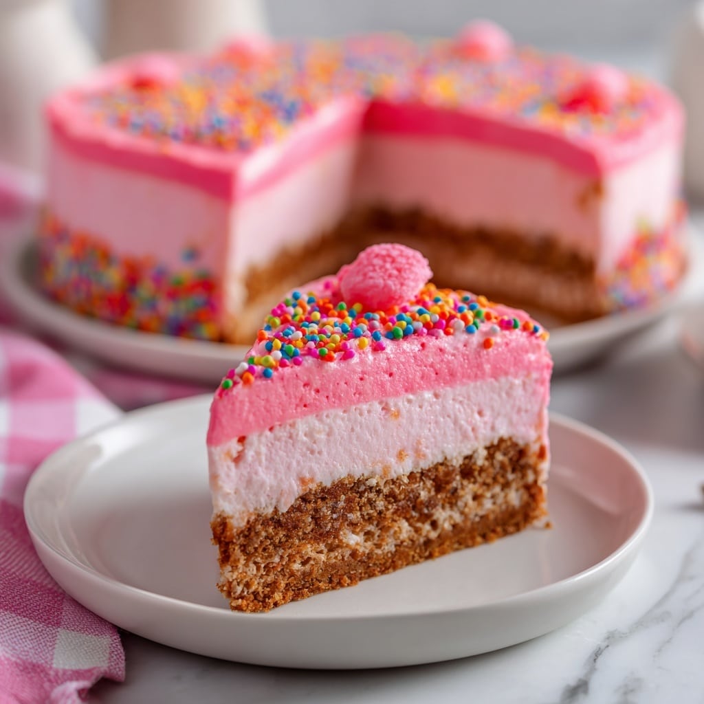 The image shows a round pink dessert cut into slices, placed on a white marbled surface. The dessert has three visible layers: a dark brown base crumb layer at the bottom with a rough texture, a thick middle pink creamy layer, and a smooth pink top layer that is covered evenly with colorful small round sprinkles. Each slice is decorated with a piece of pink or white candy placed vertically on top, also sprinkled with tiny colorful dots. The edges of the cut slices show the clean separation between layers. The dessert rests on a white plate lined with a pink and white checkered cloth. Photo taken with an iphone --ar 4:5 --v 7