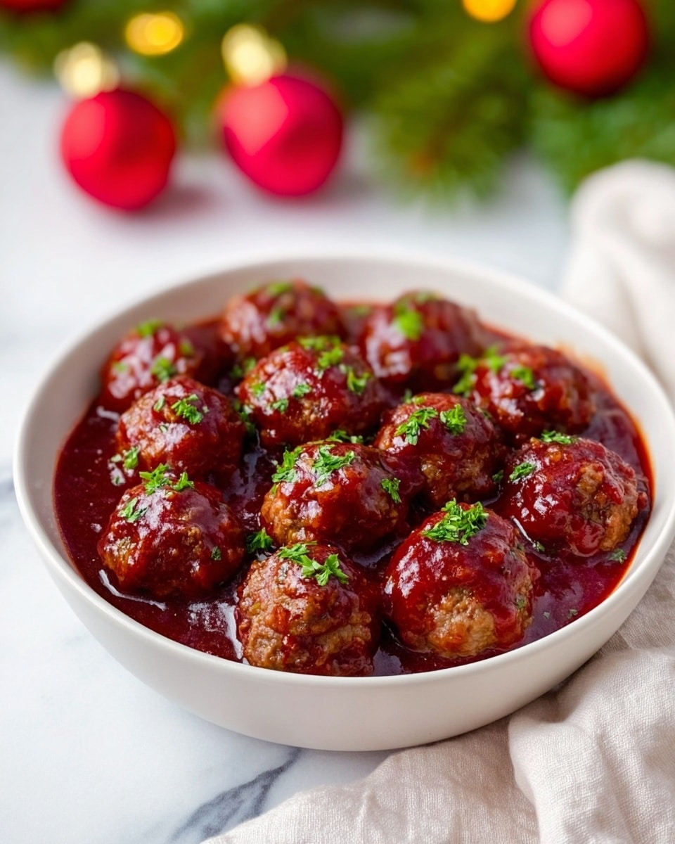 A white bowl filled with round meatballs covered in a thick, shiny deep red sauce, garnished with small green herb pieces sprinkled on top. The meatballs sit closely together, partly submerged in the rich sauce that has a smooth, glossy texture. The bowl rests on a white marbled surface with a soft, white cloth next to it. In the blurred background, there are red Christmas ornaments and green pine branches, adding a festive touch. photo taken with an iphone --ar 4:5 --v 7