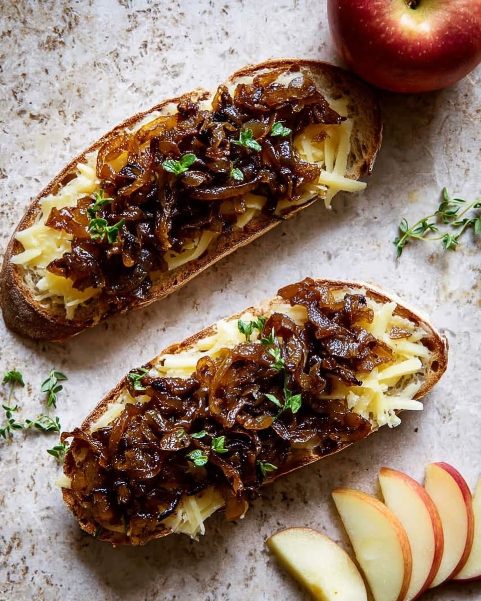 A close-up image of a stacked grilled cheese sandwich cut in half, showing three layers of toasted golden-brown bread with a slightly crisp texture. Between each bread layer is a thick, creamy melted cheese layer oozing slightly and topped with caramelized onions that have a glossy, dark amber color and soft texture. Small green herb sprigs are placed on top and around the sandwich, adding a fresh touch. The sandwich is set on a dark wooden board with a rich grain pattern. The background is softly blurred to highlight the sandwich. Photo taken with an iphone --ar 4:5 --v 7