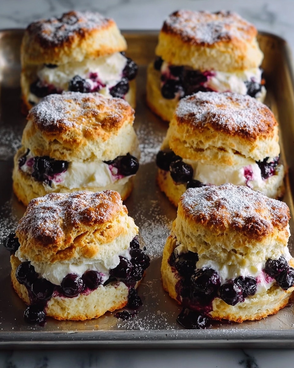 The image shows a black cast iron skillet filled with eight golden-brown round blueberry biscuits arranged close together, each biscuit having a slightly crispy edge and a soft, flaky texture with visible blueberries baked inside. The biscuits are topped with a light, shiny white glaze lightly drizzled over the surface, creating thin stripes. Around the skillet, on the white marbled surface, a few fresh blueberries are scattered, adding a touch of natural color contrast. Photo taken with an iphone --ar 4:5 --v 7