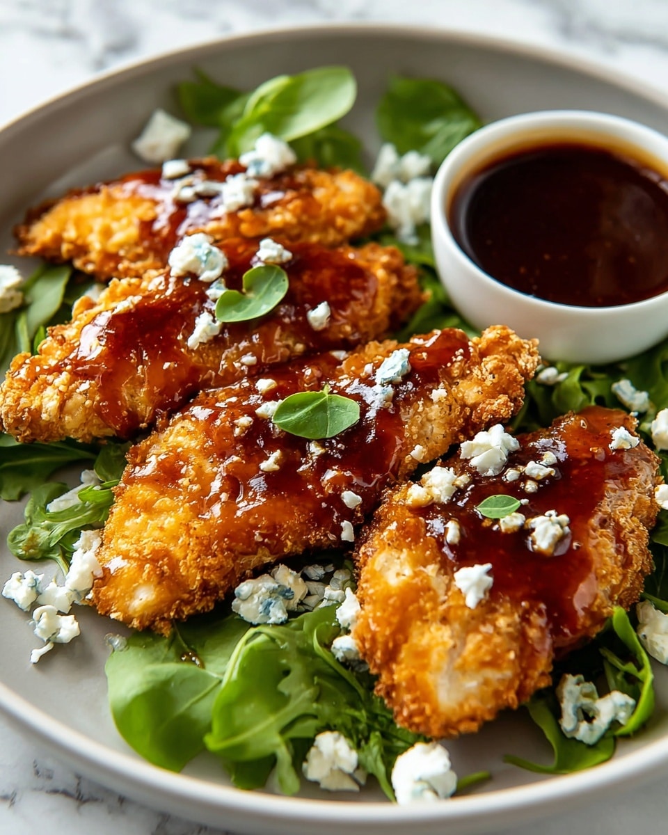 A white plate holds three pieces of crispy golden brown fried chicken tenders arranged side by side, each topped with a shiny, dark amber glaze and dotted with small white cheese crumbles. The chicken pieces rest on a bed of fresh, vibrant green leafy greens that add a bright contrast around the edges. Scattered small green leaves add extra freshness on top. To the upper right of the plate is a small round white bowl filled with a dark reddish-brown sauce that glistens under the light. The whole scene is set on a white marbled surface, enhancing the colors and textures of the dish. photo taken with an iphone --ar 4:5 --v 7