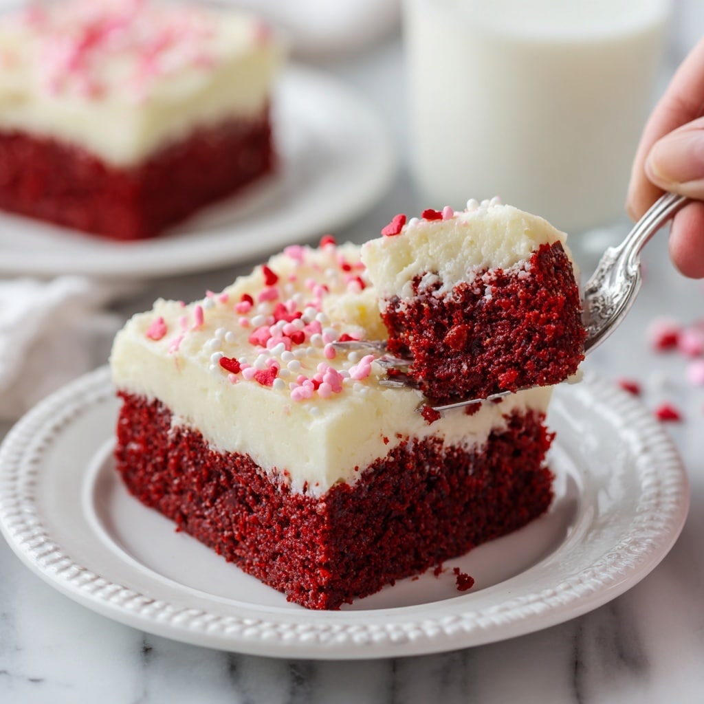 A close-up shows a clear rectangular glass baking dish with bright red cake cut into six square pieces. Each piece has one thick bottom layer of deep red, moist cake with a smooth, creamy white frosting layer on top. The frosting looks soft and slightly wavy, decorated with tiny pink and red round sprinkles scattered evenly. One square piece has a small bite taken from the corner, revealing the texture between the cake and frosting. The dish sits on a white marbled surface with soft natural light. Photo taken with an iphone --ar 4:5 --v 7