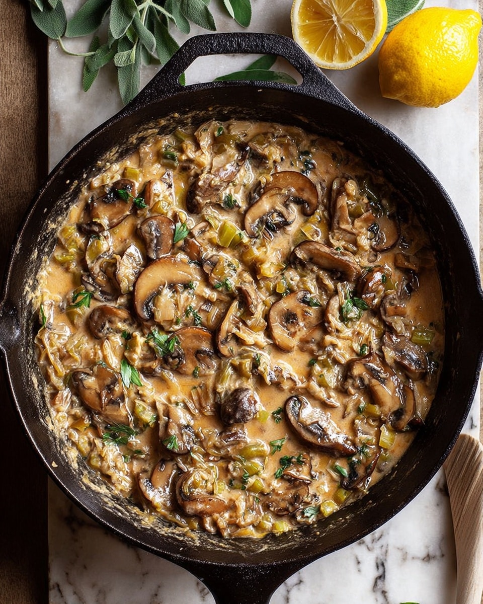 A cast iron pan filled with a creamy mushroom sauce that has visible slices of brown mushrooms mixed with finely chopped light green and beige vegetables, appearing soft and cooked, all coated in a light brown creamy sauce with a slightly glossy texture. The pan sits on a white marbled surface with a yellow lemon and green herb leaves nearby. The overall look is rustic and warm with the sauce filling the pan fully. Photo taken with an iphone --ar 4:5 --v 7