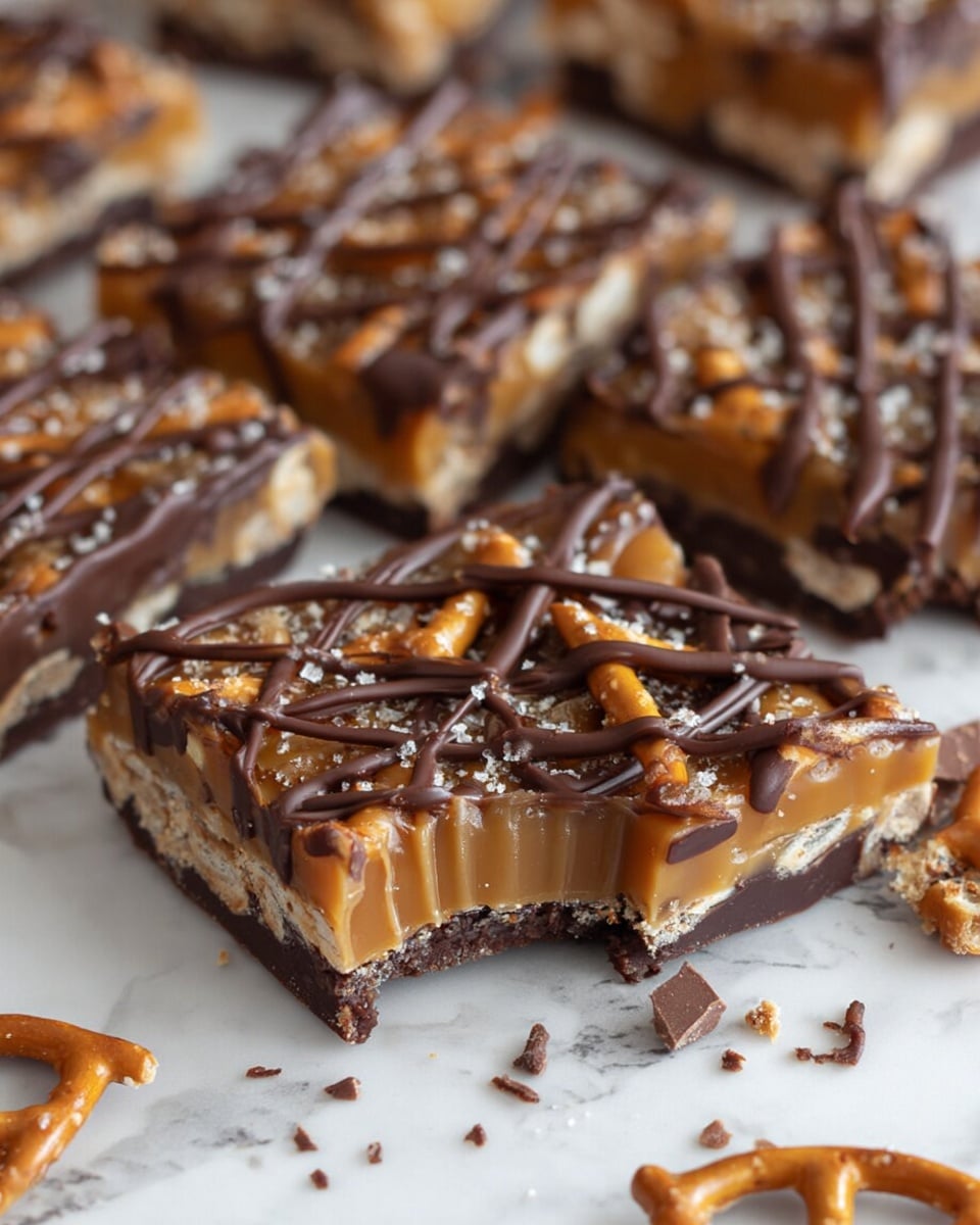 The image shows several square pieces of a layered treat on a white marbled surface, with one piece having a bite taken out. The bottom layer is a dark chocolate base, topped with a layer of crunchy pretzels visible through a shiny caramel layer that covers the whole top. Drizzled over the caramel are thin lines of chocolate in a crisscross pattern. Small bits of broken pretzels and chocolate pieces are scattered around the squares, adding texture and detail. photo taken with an iphone --ar 4:5 --v 7