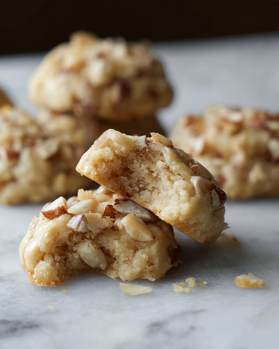 A close-up view shows several no-bake cookies arranged on white parchment paper over a white marbled surface. Each cookie is round and chunky, made of a thick, glossy beige mixture studded with small brown nut pieces and flakes, giving them a rough texture. The cookies have uneven edges, with some bits sticking out, and the mixture looks creamy and slightly sticky. The light reflects softly on the surface, highlighting the shiny, moist appearance of the cookie dough. photo taken with an iphone --ar 4:5 --v 7