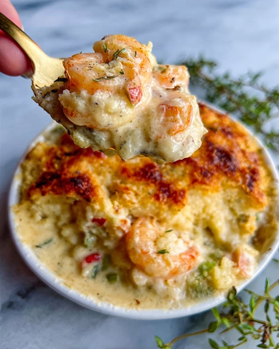 The dish shows a close-up of a creamy shrimp casserole in a white bowl. The top layer is golden brown and crispy, made of melted cheese with some small cooked shrimp peeking through. Below the top, there is a thick creamy sauce, light yellow with visible pieces of tender shrimp and small bits of red and green vegetables mixed inside. A spoon held by a woman's hand lifts a scoop of the warm, cheesy mixture, revealing the rich and smooth texture inside. The background is a white marbled surface with some small green herbs placed nearby for decoration. Photo taken with an iphone --ar 4:5 --v 7