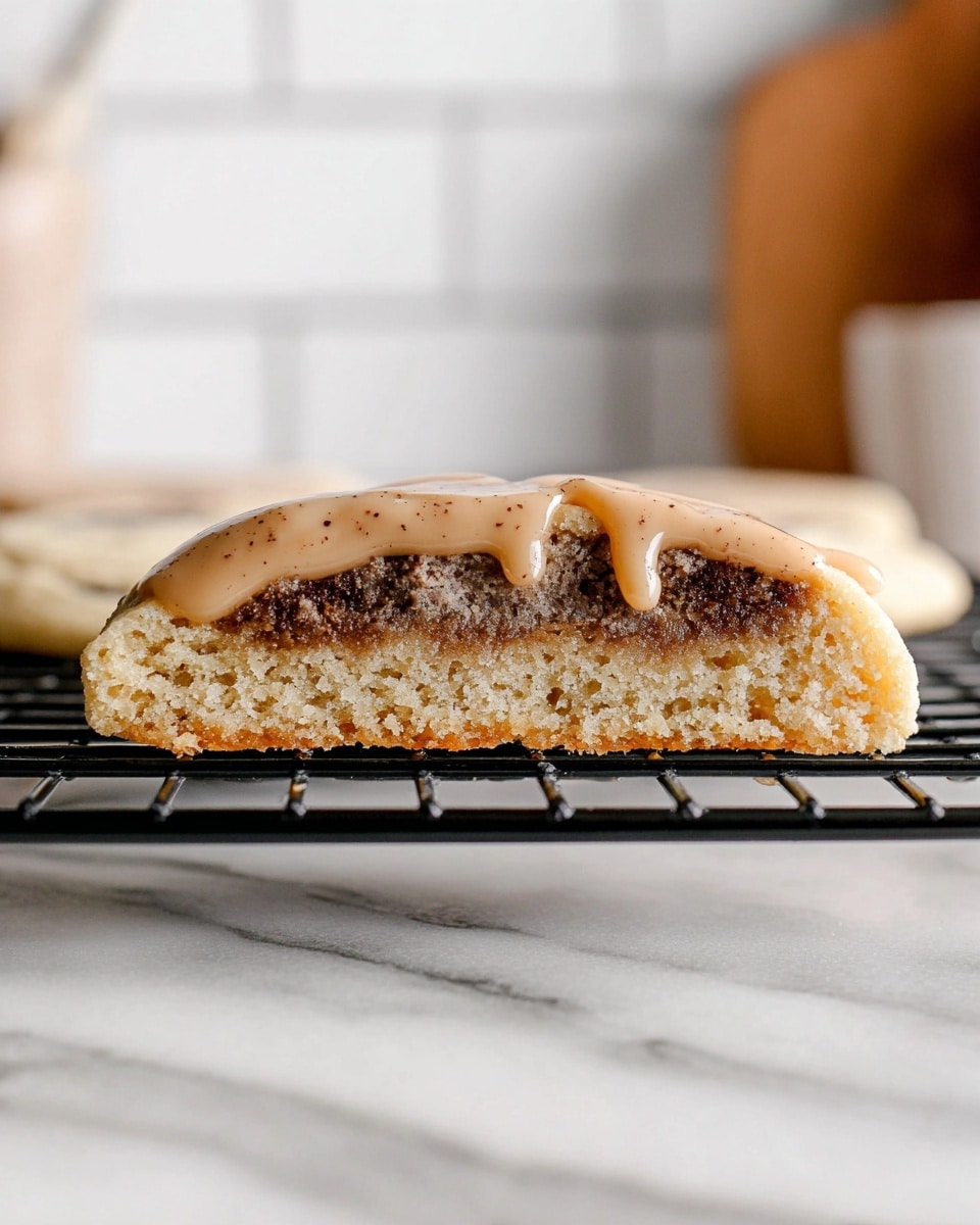The image shows a single cookie cut in half, placed on a black wire cooling rack over a white marbled surface. The cookie has two main layers: the bottom is a light beige, crumbly dough base, and the middle contains a darker brown, soft filling that looks moist and rich. On top, a smooth, light brown glaze with tiny specks gently drips over the cookie's edge. The background is softly blurred with white tiles and a light brown object. photo taken with an iphone --ar 4:5 --v 7