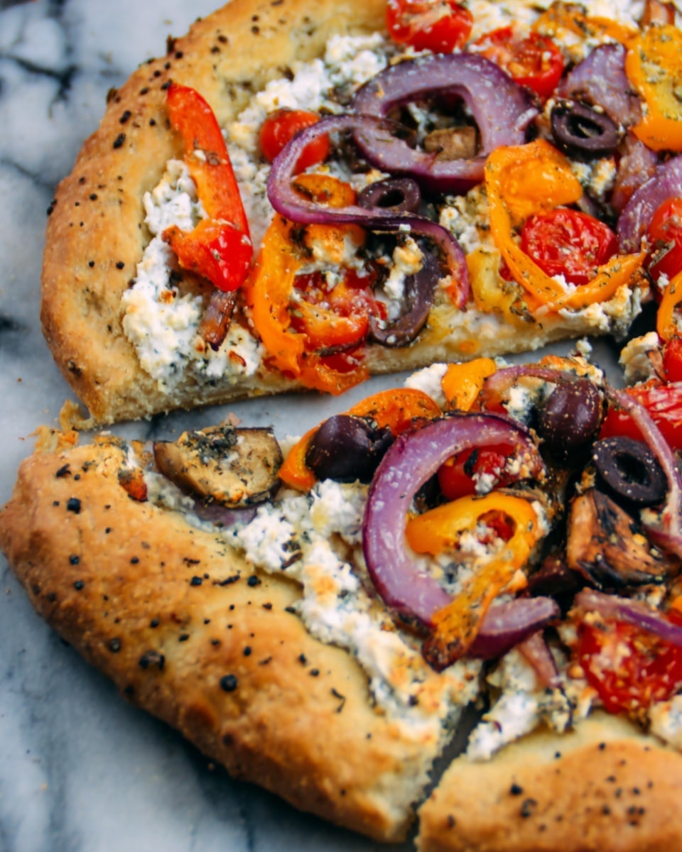 The image shows a close-up of a thick-crust pizza on a white marbled surface. The outer crust is golden brown with a slightly crispy texture and some black speckles. The first layer inside the crust is a spread of white cheese, creamy in texture. On top, there is a layer of various vegetables including slices of orange bell peppers, red cherry tomatoes, rings of purple onion, and small chunks of black olives. The toppings are scattered unevenly, showing different colors and textures, with some parts slightly roasted. Photo taken with an iphone --ar 4:5 --v 7