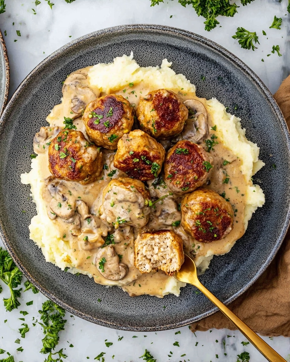 A close-up of a pan filled with about twenty golden-brown meatballs, each one crisped on top and garnished with small pieces of chopped green herbs. The meatballs rest in a creamy, light tan sauce that has visible slices of sautéed mushrooms scattered evenly around them. The sauce looks smooth and thick with some small bits of cooked onion mixed in. The pan is set on a white marbled surface, showing a cozy meal scene. photo taken with an iphone --ar 4:5 --v 7