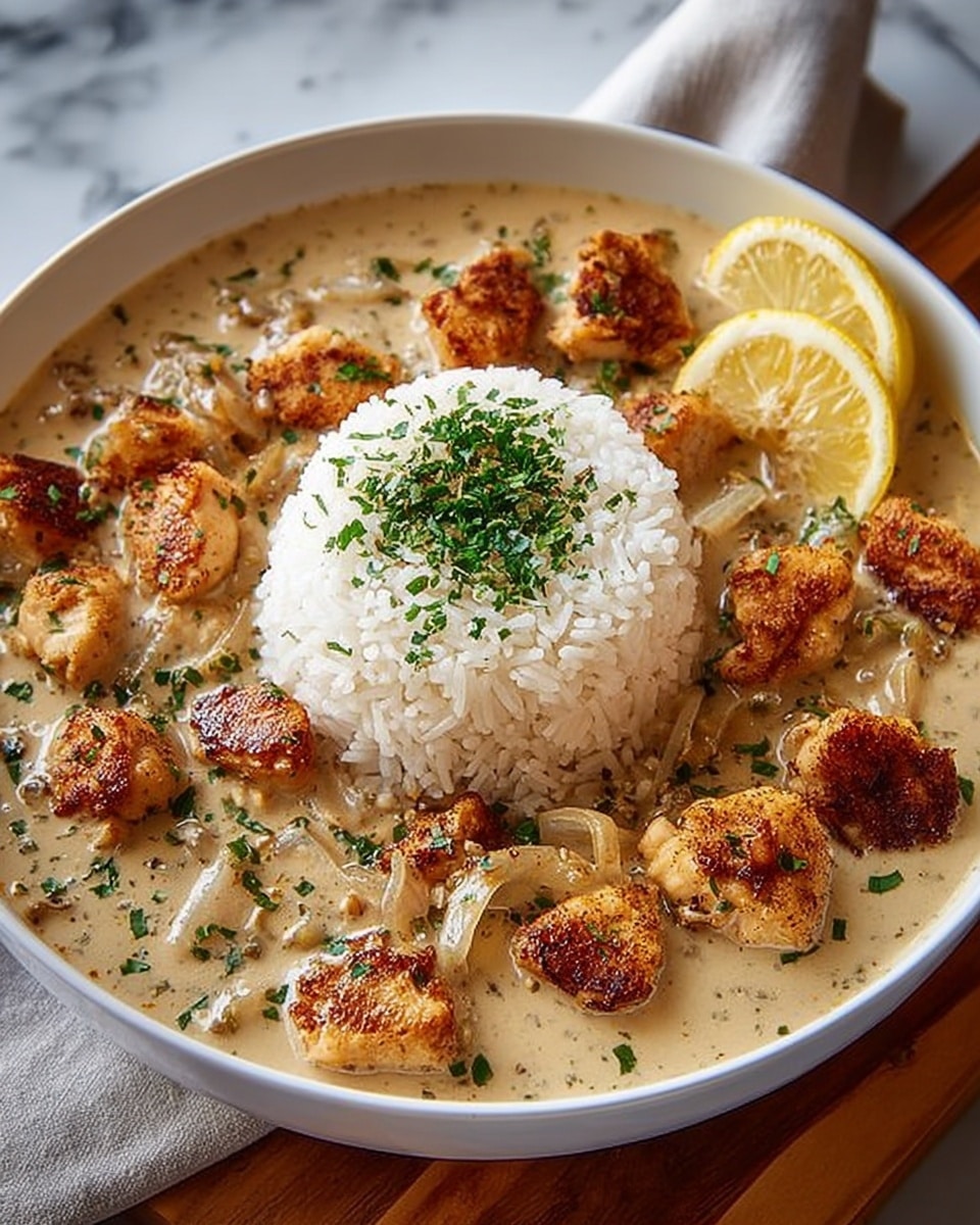 A white bowl filled with a creamy light beige sauce that has small browned pieces of chicken scattered evenly throughout, the chicken pieces showing a golden crisp on their top sides. In the center of the bowl is a neat, rounded mound of white rice topped with finely chopped green herbs. The sauce has visible bits of cooked onions mixed in, and there is a wedge of lemon placed near the edge of the bowl. The bowl is set on a wooden board partially covered by a light cloth, and the background features a white marbled surface. Photo taken with an iphone --ar 4:5 --v 7