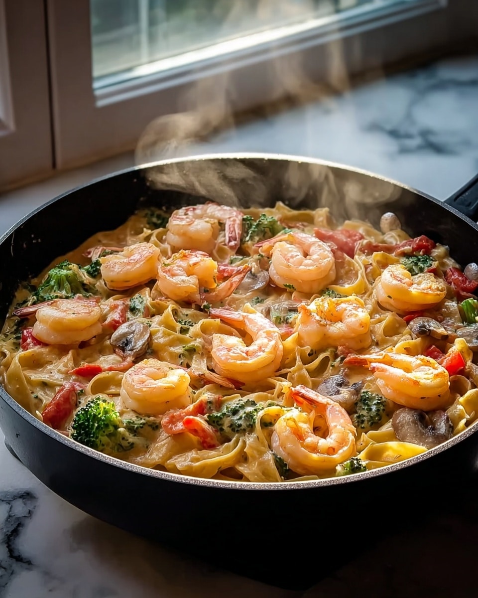A black pan filled with creamy pasta topped with large, pink cooked shrimp arranged evenly on top. The pasta is coated in light orange creamy sauce with visible pieces of broccoli, red bell pepper, and brown mushroom slices scattered throughout. The dish sits on a surface with white marbled texture and soft natural light from a window behind. Steam rises gently from the pan, giving a fresh, hot look. photo taken with an iphone --ar 4:5 --v 7