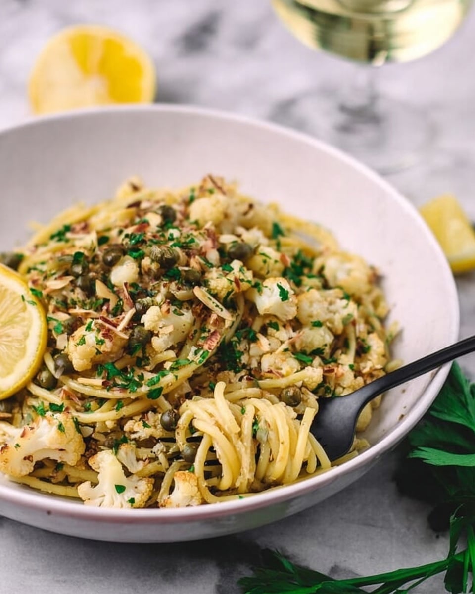 The image shows a black skillet filled with spaghetti pasta mixed with a crumbly light beige topping that looks like breadcrumbs or tofu, scattered evenly on top and throughout the pasta. Small green herb pieces are sprinkled across the dish, adding a touch of color and freshness. The skillet sits on a white marbled surface with a wedge of lemon and sprigs of green parsley to the right. In the top left corner, there is a clear glass with a light yellow drink, possibly white wine, and in the top right, a metal container is partially visible. A small wooden scoop with more of the crumbly topping is near the bottom left corner. Photo taken with an iphone --ar 4:5 --v 7