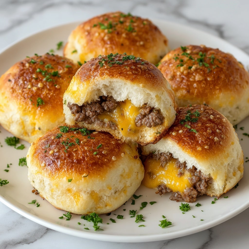 The image shows several round biscuit sliders with golden-brown tops sprinkled with small green herb pieces, likely parsley. One slider is cut open in the front, revealing a filling of melted yellow cheese mixed with browned ground meat inside a soft, fluffy white biscuit. The biscuits have a slightly flaky texture, with a shiny top layer. The sliders are placed closely together on a white plate set on a white marbled surface, with small green herb leaves scattered around for decoration. Photo taken with an iphone --ar 4:5 --v 7
