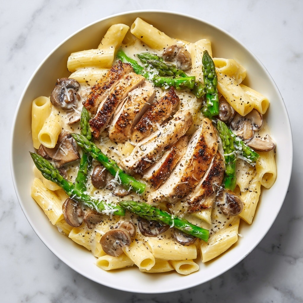 The image shows a white bowl filled with creamy pasta. The base layer consists of light yellow penne pasta. On top, green asparagus pieces are placed evenly around the bowl, adding bright color. Slices of browned chicken breast and sautéed mushrooms sit in the center, layered over the asparagus and pasta. The dish is sprinkled with grated cheese and black pepper, giving texture and small white and black details. The white marbled surface beneath the bowl adds a clean and simple background. photo taken with an iphone --ar 4:5 --v 7