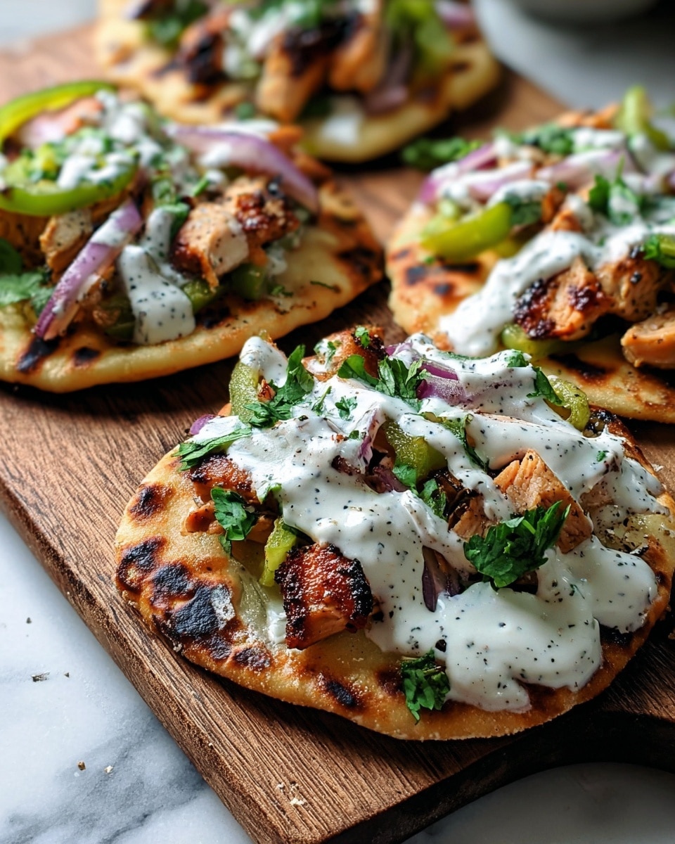 The image shows two small flatbreads placed on a wooden board over a white marbled texture. Each flatbread has a thick, golden-brown crust with some char marks. The first layer is melted white cheese covering the flatbread. On top, there are pieces of cooked chicken in a light brown color mixed with cooked vegetables like green bell peppers and onions, which add green and purple colors. Fresh green cilantro leaves are sprinkled on top. The dish is finished with drizzles of white creamy sauce with black pepper specks spread across the toppings. In the background, there is a white bowl with extra creamy sauce and a spoon inside. Photo taken with an iphone --ar 4:5 --v 7