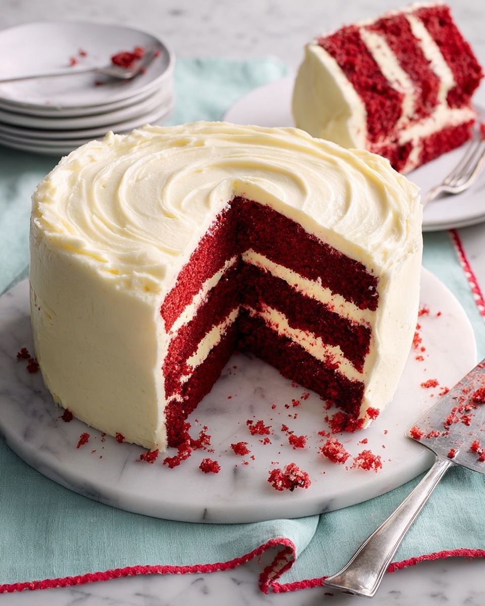 A slice of red velvet cake with two thick, moist, deep red layers is shown on a white plate. Between the two layers is a thick white cream cheese frosting, and the outside is also evenly covered with the same smooth white frosting. The cake slice stands upright, showing the rich texture of the red velvet and the creamy white middle and outer layer. In the background, there is a whole cake with more red layers and white frosting on a wooden board, and another slice of cake on a white plate is slightly visible. The setting is on a white marbled texture. Photo taken with an iphone --ar 4:5 --v 7
