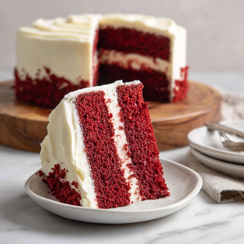 A round cake with two thick red sponge layers separated by a thick white cream layer in the middle, all covered in smooth white frosting with visible swirls on top and sides. A large slice is cut out, showing the red and white layers clearly, with crumbs around the cake on a white marble board. In the background, a white plate holds the cut slice, showing the same red and white layers. The cake is on a light blue cloth with a red-bordered edge, placed on a white marbled textured surface. A silver cake server lies next to the cake. Photo taken with an iphone --ar 4:5 --v 7