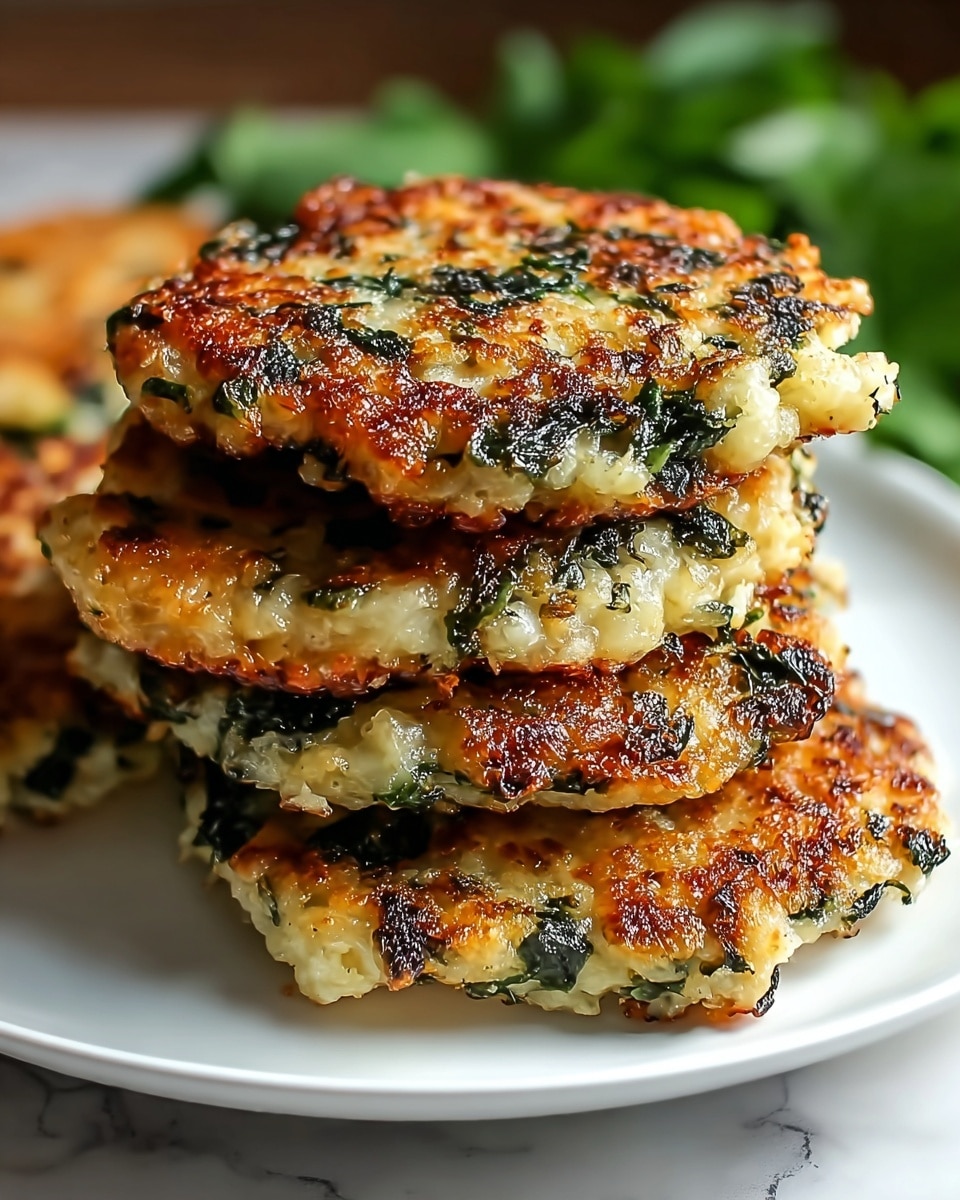 A stack of four golden brown crispy patties with visible bits of melted cheese and dark green leafy herbs mixed throughout. Each patty has a rough, slightly uneven surface and edges with a crunchy texture, showing cheese that is bubbly and browned in places. The stack sits on a simple white plate placed on a white marbled surface. In the background, there are blurred green leaves. The warm lighting highlights the shiny, oily finish on the patties. photo taken with an iphone --ar 4:5 --v 7