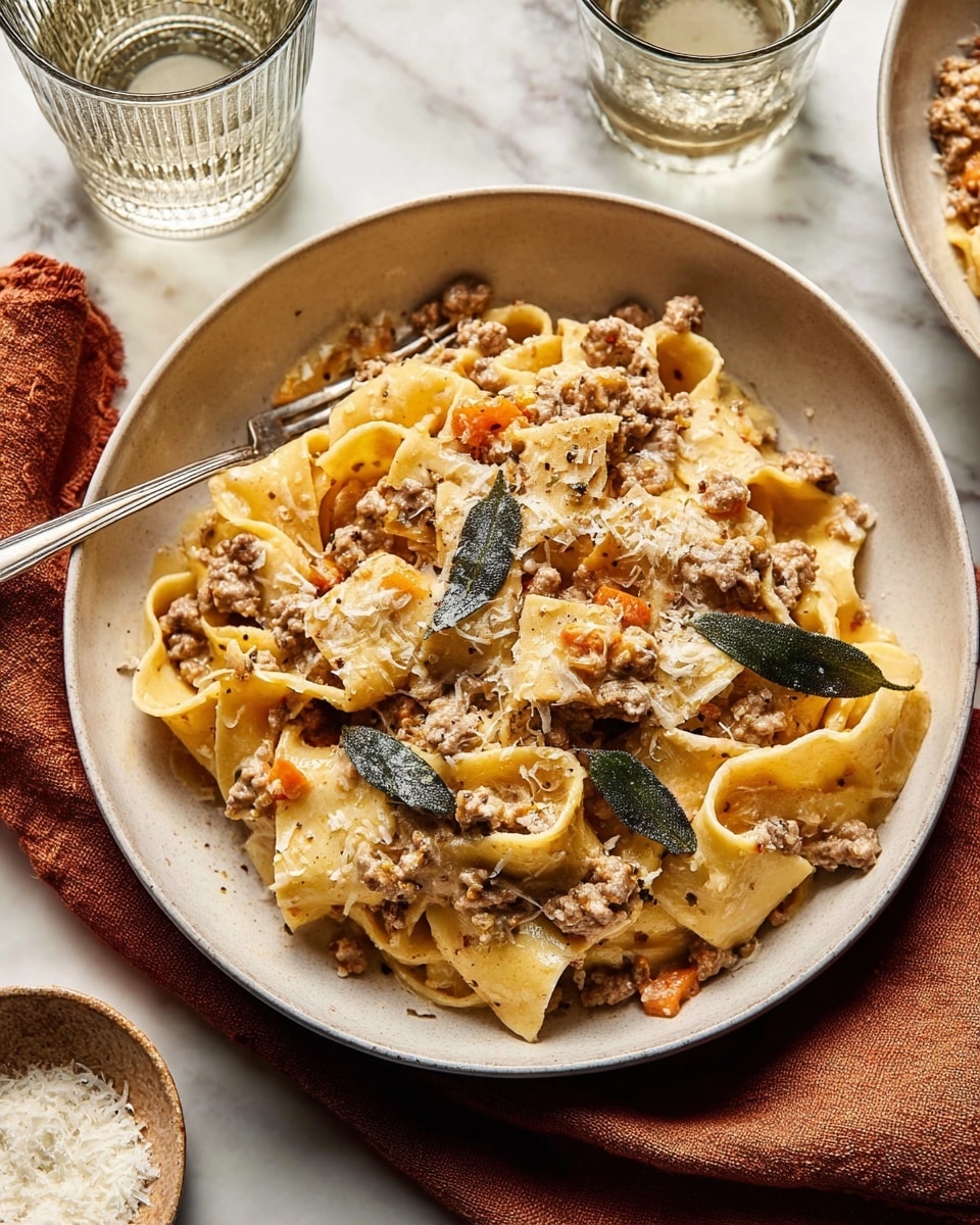 A close-up view of a pan filled with wide, flat pasta noodles mixed with a thick, crumbly meat sauce that is light brown with a slightly grainy texture. The sauce spreads evenly among the layers of pale yellow pasta, and small green leaves are scattered on top for color contrast. Two silver forks rest inside the pan, partially lifting some pasta. The pan is placed on a white marbled surface, with a light gray striped cloth to the right and a small bowl of coarse salt above. Photo taken with an iphone --ar 4:5 --v 7