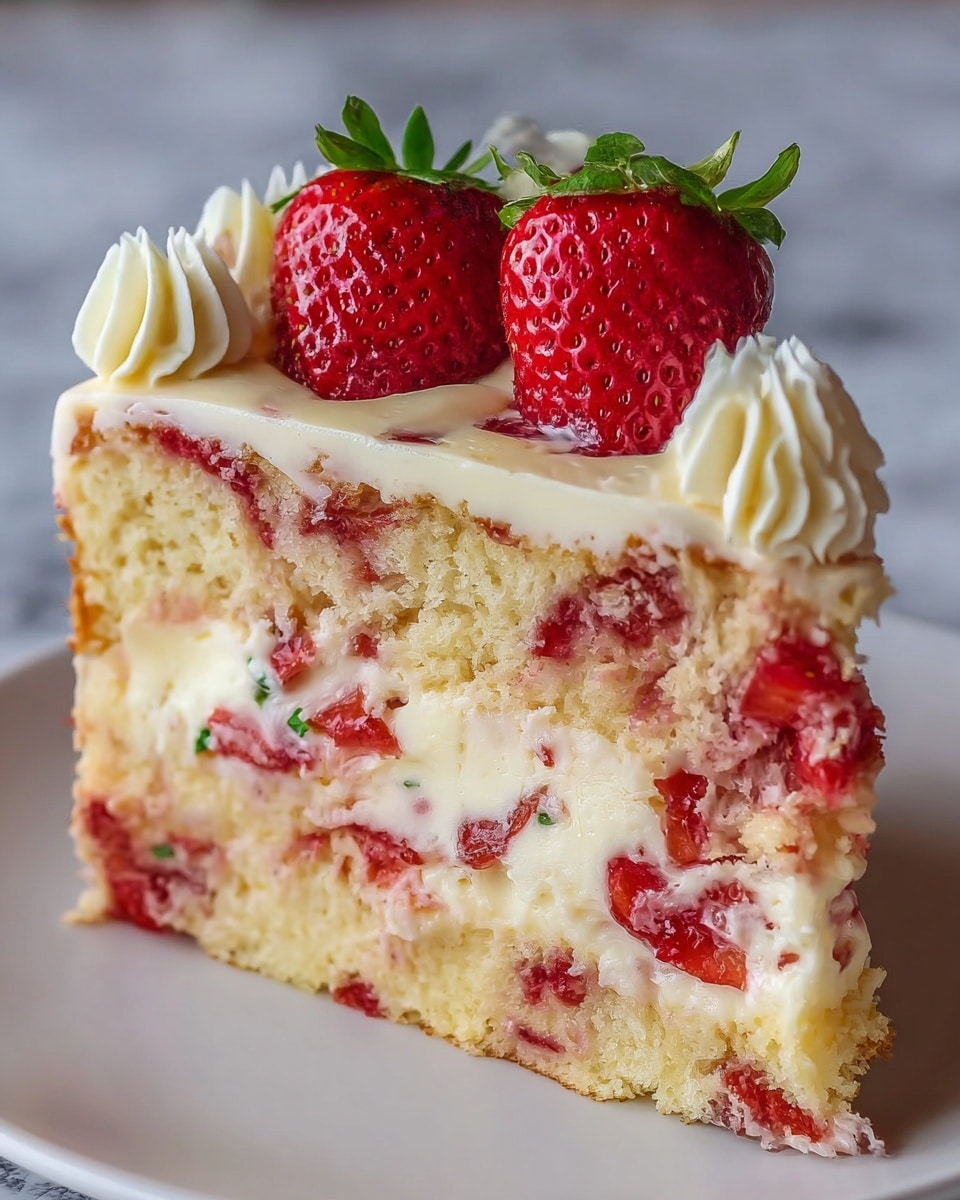 A close-up of a slice of strawberry cake on a white plate with a white marbled surface background, showing three layers: the bottom and top layers are light yellow sponge cake with soft texture and visible strawberry pieces inside; the middle layer is thick and creamy off-white custard mixed with small strawberry chunks; the top is covered with the same custard, decorated with three large bright red strawberries with green leaves and a few whipped cream swirls on the edges. Photo taken with an iphone --ar 4:5 --v 7