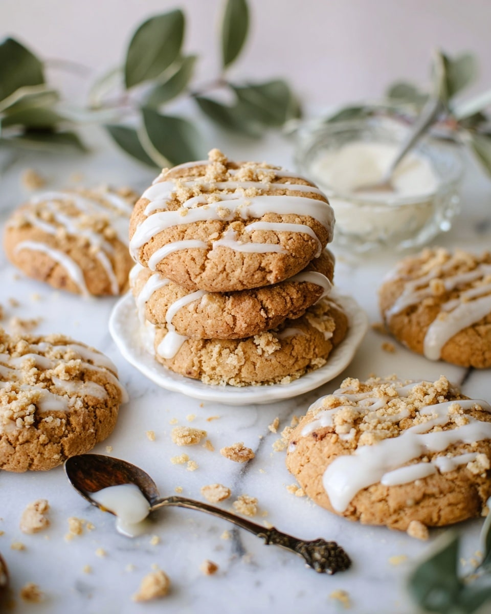 The image shows three large cookies on a white marbled surface, each cookie having a golden brown color with a crumbly, slightly cracked texture. The cookie in the center has a layer of crumbly topping with a drizzle of white icing spread unevenly across the top in thin lines. The other cookies have similar crumbly textures but no icing. To the right, there is a golden honey dipper with some honey spilled on the white parchment paper beneath it. In the top left corner, part of a white plate is visible, holding one cookie. At the very top, there are small white flowers with thin green stems. photo taken with an iphone --ar 4:5 --v 7