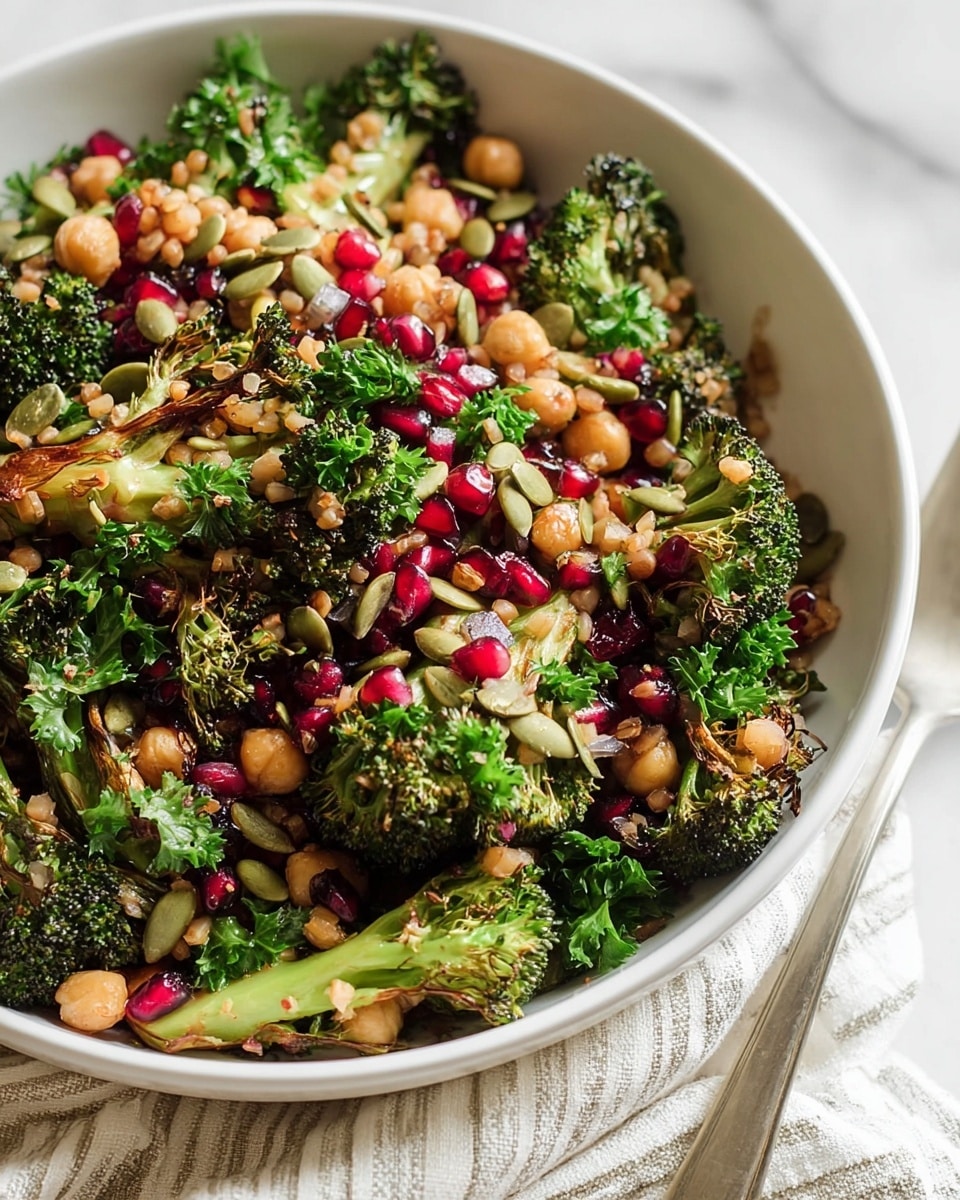 The dish is a colorful, mixed salad served in a clear glass bowl, showing multiple layers clearly. The base layer is light brown cooked grains that look soft and fluffy, spread evenly. On top of this, there are dark green, curly kale leaves adding a rough texture. Bright green roasted broccoli florets, slightly charred and textured, are scattered over the kale. Small red pomegranate seeds are mixed throughout, adding bright spots of red color. A few pieces of roasted red onion with a reddish-purple hue and a smooth texture are also visible. A silver spoon rests inside the bowl, partially buried in the salad, all placed on a white marbled surface. Photo taken with an iphone --ar 4:5 --v 7