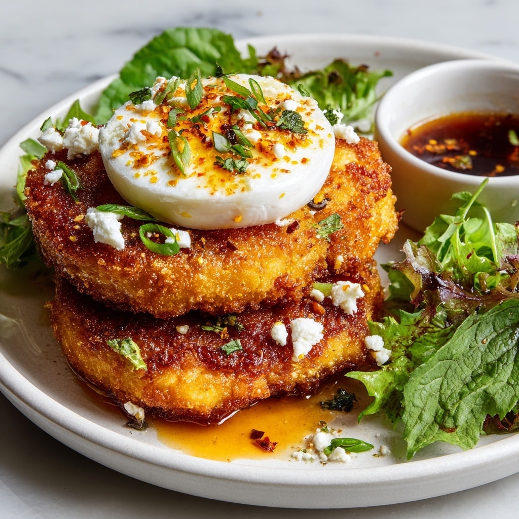 A white plate holds a stack of three golden-brown fried pieces with a crispy, grainy texture, each sprinkled with small white cheese crumbles and bits of green herbs. On top of the stack sits a white round slice that looks soft and creamy, topped with an orange and green seasoning mix. To the side, bright green leafy vegetables are placed loosely around the fried pieces. A small white bowl with dark reddish-brown sauce sits partially visible on the back right. The whole dish is sitting on a white marbled surface, and the image is bright and clear with a slight shine on the fried pieces. Photo taken with an iphone --ar 4:5 --v 7