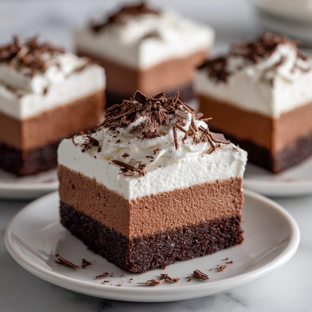 The image shows two square pieces of chocolate mousse cake on white plates, each with three layers. The bottom layer is a dark brown chocolate crust with a firm texture, the middle layer is a smooth, rich chocolate mousse in a slightly lighter brown shade, and the top layer is a thick dollop of white whipped cream. On top of the whipped cream and sprinkled over the plate are small, thin chocolate shavings adding texture and decoration. The plates are placed on a white marbled surface. photo taken with an iphone --ar 4:5 --v 7