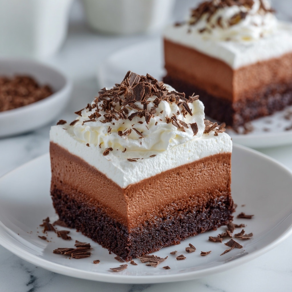 Two square pieces of chocolate dessert are shown, each with three layers: a dark brown bottom crust, a thick smooth milk chocolate middle layer, and a fluffy white whipped cream topping. The whipped cream is soft and rounded on top, sprinkled with thin, dark chocolate shavings. One piece is placed on a white plate with green and beige patterns, centered in front of the other on a plain white plate. The background is a white marbled texture. photo taken with an iphone --ar 4:5 --v 7