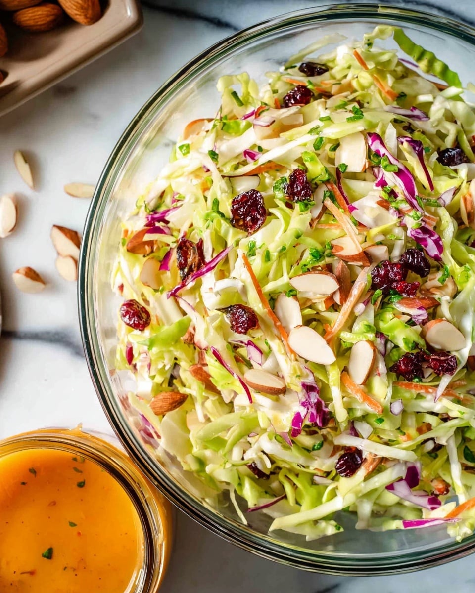 A clear glass bowl filled with a layered salad sits on a white marbled surface. The base layer is light green shredded cabbage mixed with thin strips of purple-red onion and small bits of dark red dried fruit or berries, creating a colorful mix of textures. On top, there are scattered green herbs that add freshness. A woman's hand holds a small glass jar above the salad, pouring a bright orange dressing over it, with the liquid flowing smoothly. Photo taken with an iphone --ar 4:5 --v 7