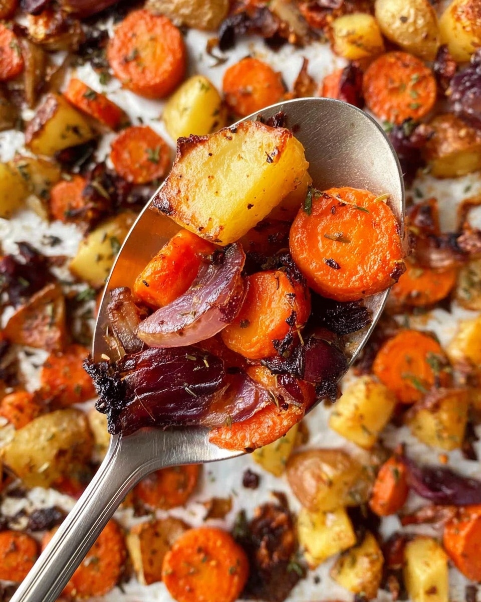 The image shows a close-up of a spoon filled with roasted root vegetables, held above a spread of the same mixture on a white marbled surface. The spoon contains three visible layers of vegetables: bright orange carrot slices with a slightly charred texture, golden browned potato chunks with a crispy surface, and small pieces of dark red onion with a glossy, caramelized look. The background layer, spread out below the spoon, shows a mix of these roasted vegetables scattered loose with bits of herbs and seasoning visible, creating a warm, earthy color palette. photo taken with an iphone --ar 4:5 --v 7