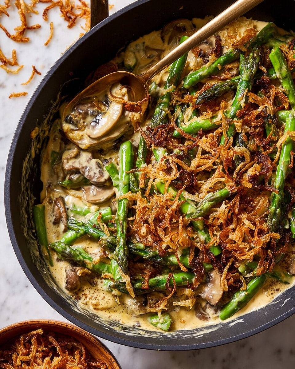 A close-up view of a black pan filled with a creamy dish showing three main layers: the bottom layer is a thick creamy sauce with specks of mustard seeds and thinly sliced mushrooms in a light beige color; the middle layer consists of bright green asparagus spears placed evenly across the dish; the top layer is generously covered with crispy golden-brown fried onions and a light sprinkling of finely grated white cheese scattered throughout. A brass-colored spoon rests inside the pan, partially scooping some of the creamy sauce and asparagus. The pan sits on a white marbled surface with some crispy onions scattered nearby and a brown bowl filled with more fried onions visible at the bottom edge. Photo taken with an iphone --ar 4:5 --v 7