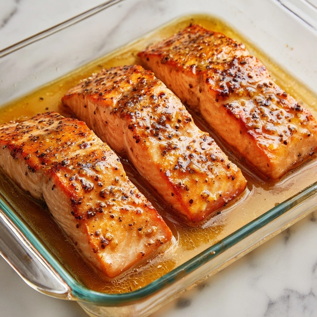 A close-up view of two thick salmon fillets with a crispy, golden-brown crust on top, sprinkled with small green herb pieces and black pepper. The salmon has visible white lines running through the pink flesh, sitting in a shallow pool of glossy orange-brown sauce with scattered herbs and red pepper flakes. Behind the fish, three lemon slices and blurred green herb leaves are placed on a white plate, all set against a white marbled texture. Photo taken with an iphone --ar 4:5 --v 7
