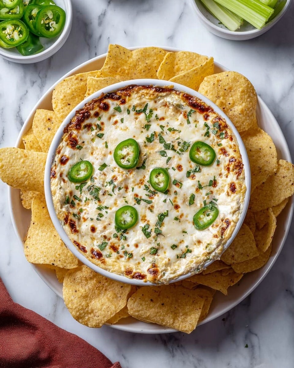 A white bowl filled with a creamy, bubbly baked dip has a golden brown top with some darker spots from broiling, sprinkled with chopped green herbs and several slices of fresh green jalapeño scattered on top. The dip appears smooth with small chunks, showing texture beneath the browned surface. The bowl sits on a white plate surrounded by large, round yellow tortilla chips. The scene is on a white marbled surface with a small white bowl of jalapeño slices and celery sticks nearby, along with a folded reddish-brown cloth at the corner. Photo taken with an iphone --ar 4:5 --v 7