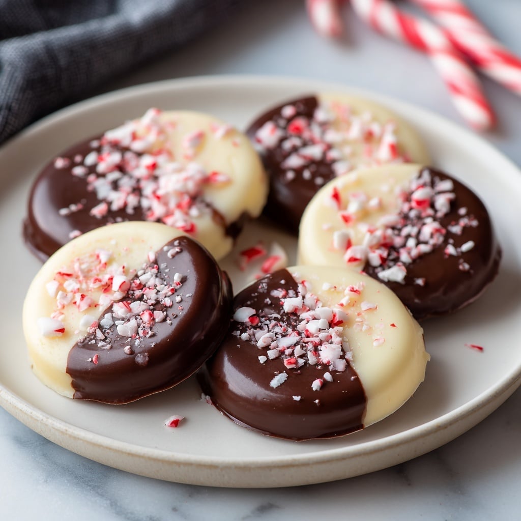 Seven round cookies, each with two layers: the bottom layer is smooth and white, while the top half is covered in shiny dark chocolate and sprinkled with crushed pink and white peppermint pieces. The cookies are arranged on a white plate with small black speckles, placed on a dark gray cloth on a white marbled surface. Three similar cookies lie directly on the white marbled surface. A small white bowl filled with glossy dark chocolate sits near a silver spoon coated with chocolate. Scattered peppermint candy pieces and two whole candy canes add extra color around the scene. photo taken with an iphone --ar 4:5 --v 7