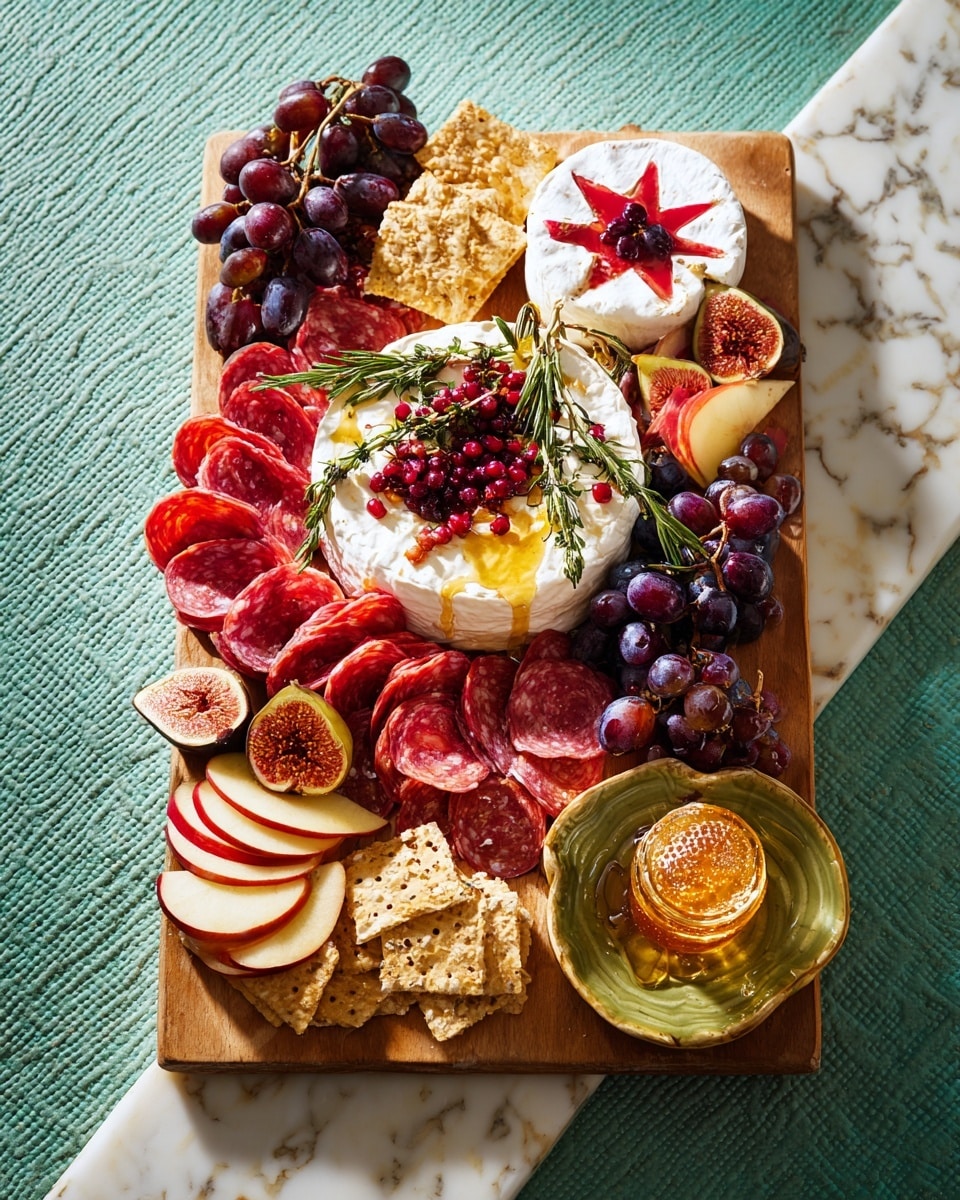 A wooden board on a white marbled surface holds a colorful mix of food items arranged in layers. In the center-left is a white cheese ring topped with sprigs of rosemary, red berries, and drizzled with honey, its texture soft and creamy. To the right of it are thin slices of red salami folded and placed in a wave-like pattern. Above the salami, there is another white round cheese with a red star design made from jam spread on its surface. Clusters of dark purple and red grapes are scattered around the board, along with halved fresh figs displaying their deep red insides. Several red apple slices are placed around the edges, bright and crisp-looking. A small white dish with honeycomb is positioned on a green plate near the bottom right, the honeycomb glistening golden. At the top, there are tan sesame crackers and a clear amber glass bowl filled with dark olives. The whole setting lies on a white marbled background. photo taken with an iphone --ar 4:5 --v 7