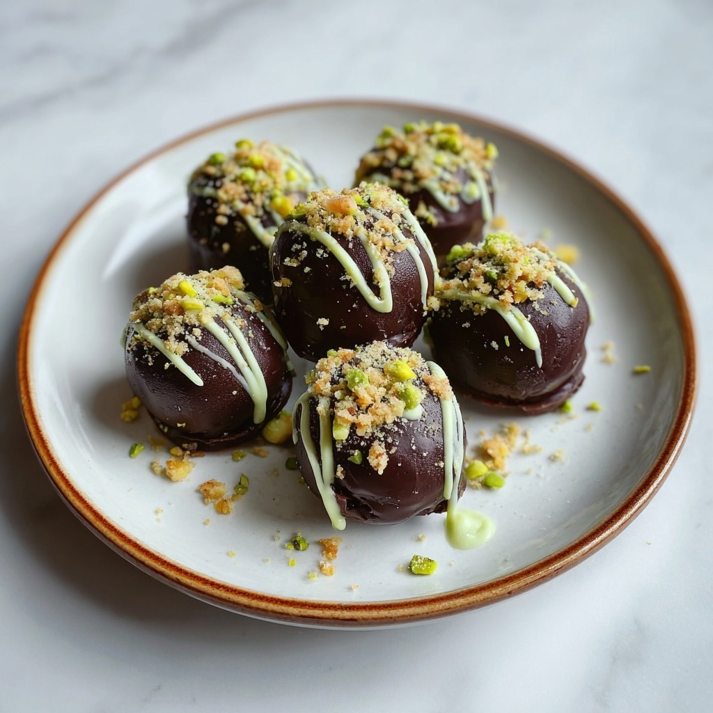 The image shows a white plate filled with a pile of round chocolate truffles. Each truffle has a smooth dark brown chocolate shell with thin white chocolate drizzle lines on top. One truffle is broken open at the front center, revealing a light green creamy filling inside that contrasts with the glossy dark chocolate outside. The plate sits on a white marbled surface, and part of a woman’s hand is gently holding a truffle from the side. Photo taken with an iphone --ar 4:5 --v 7