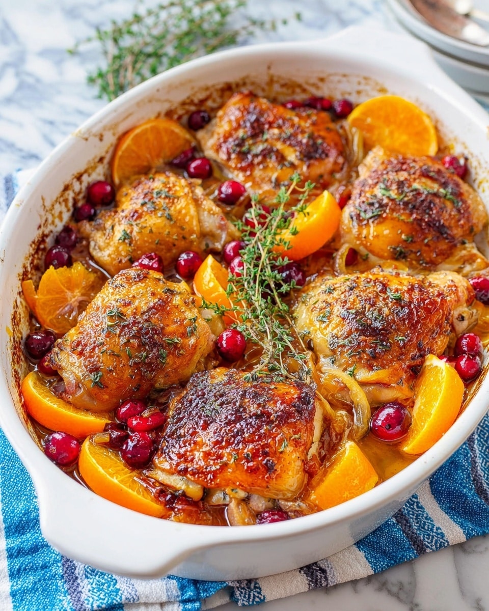 This dish shows a white oval baking dish filled with six golden-brown baked chicken thighs, each with a crispy skin sprinkled with dried herbs. Around the chicken, there are bright orange mandarin slices and a scattering of red cranberries, some whole and some crushed in a sauce that pools at the bottom. There are also caramelized onion slices mixed in, adding a soft texture contrast. A sprig of fresh green thyme rests on top in the center, adding a touch of vibrant color. The dish is placed on a white marbled surface with a blue and white striped cloth partly visible at the bottom part of the image. Photo taken with an iphone --ar 4:5 --v 7